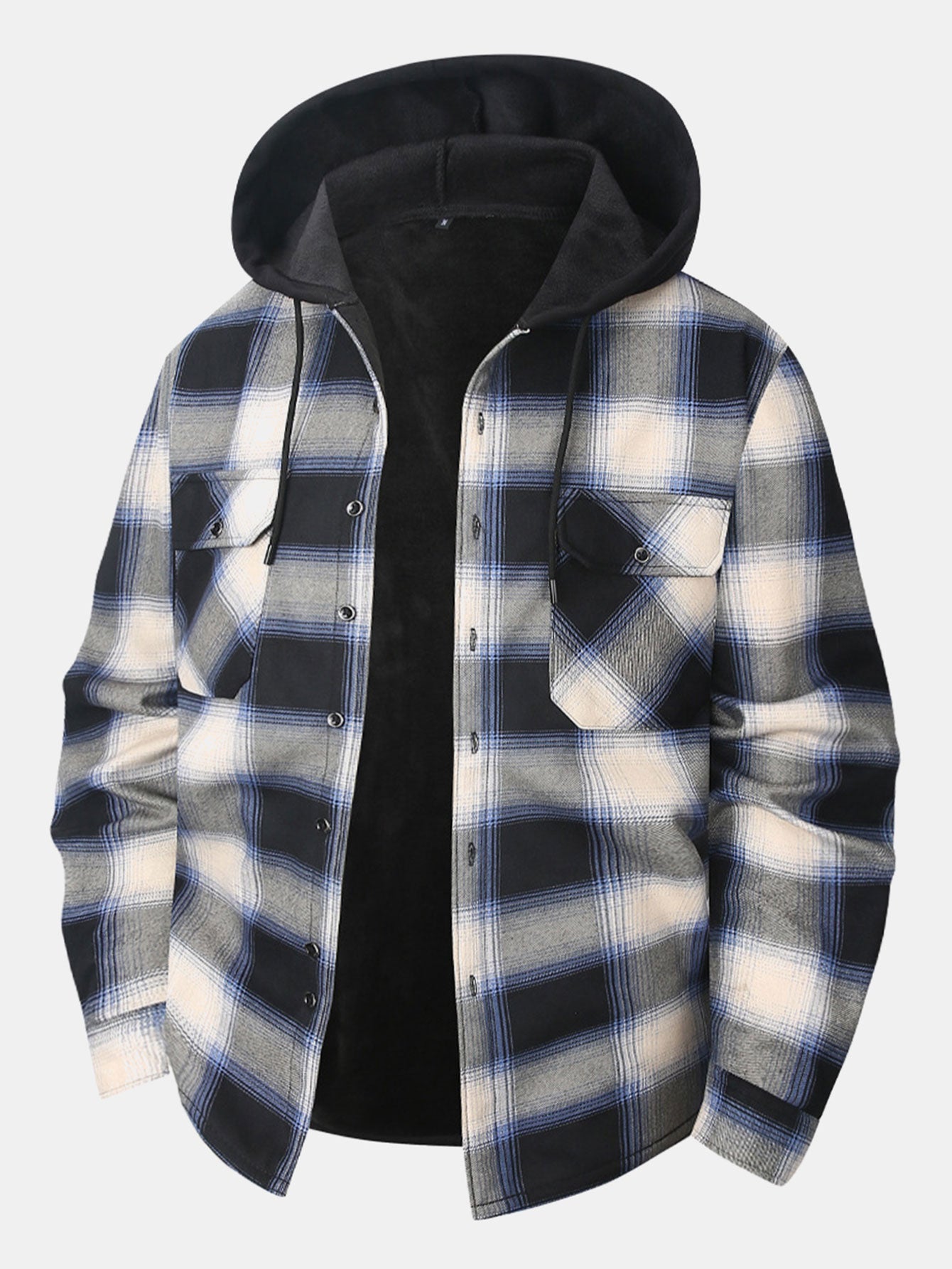 Flannel Fleece Lined Button Up Hooded Shirt