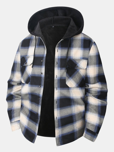 Flannel Fleece Lined Button Up Hooded Shirt