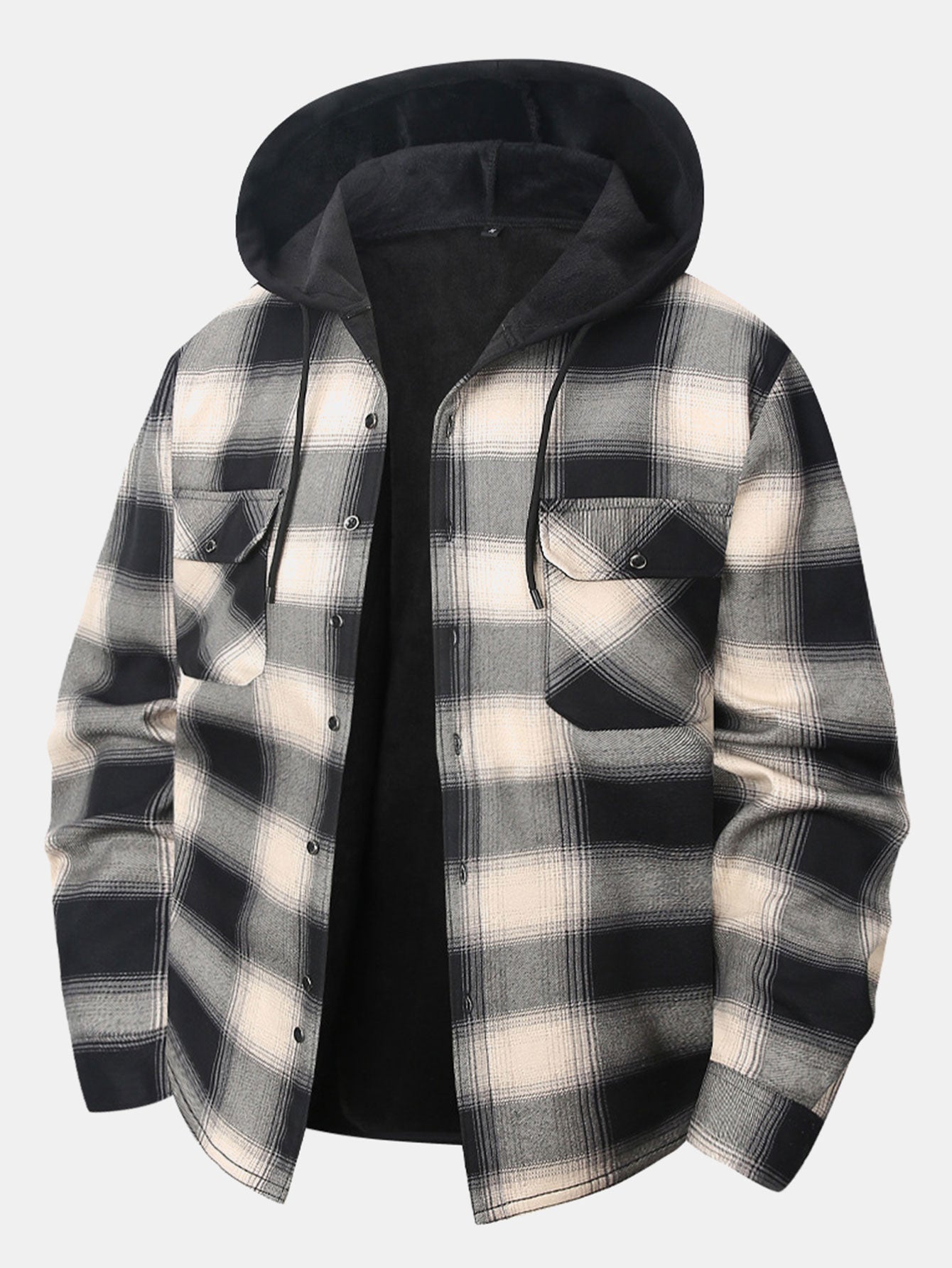 Flannel Fleece Lined Button Up Hooded Shirt