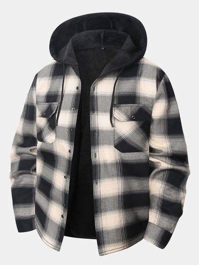 Flannel Fleece Lined Button Up Hooded Shirt