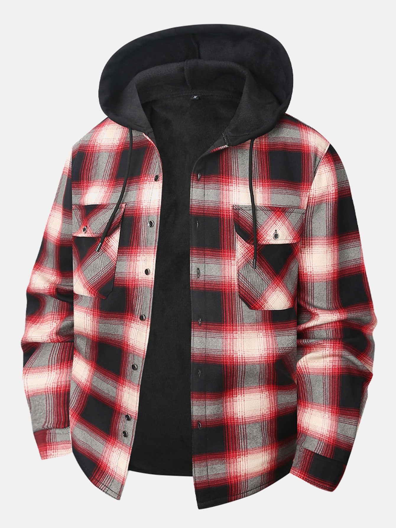 Flannel Fleece Lined Button Up Hooded Shirt