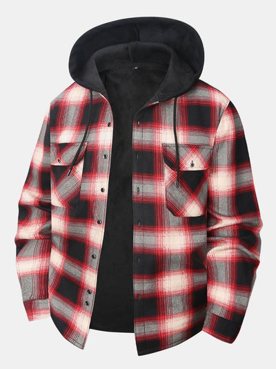 Flannel Fleece Lined Button Up Hooded Shirt