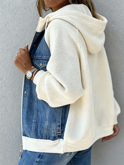 Women'S Casual Contrast Color Stitching Hooded Zipper Cardigan Jacket