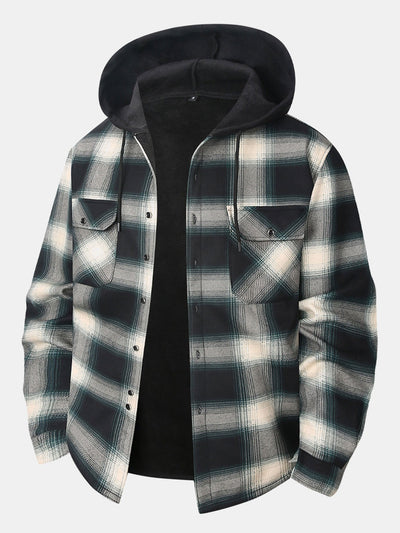 Flannel Fleece Lined Button Up Hooded Shirt
