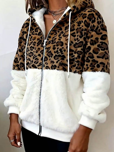 Women'S Casual Leopard Print Coral Fleece Jacket