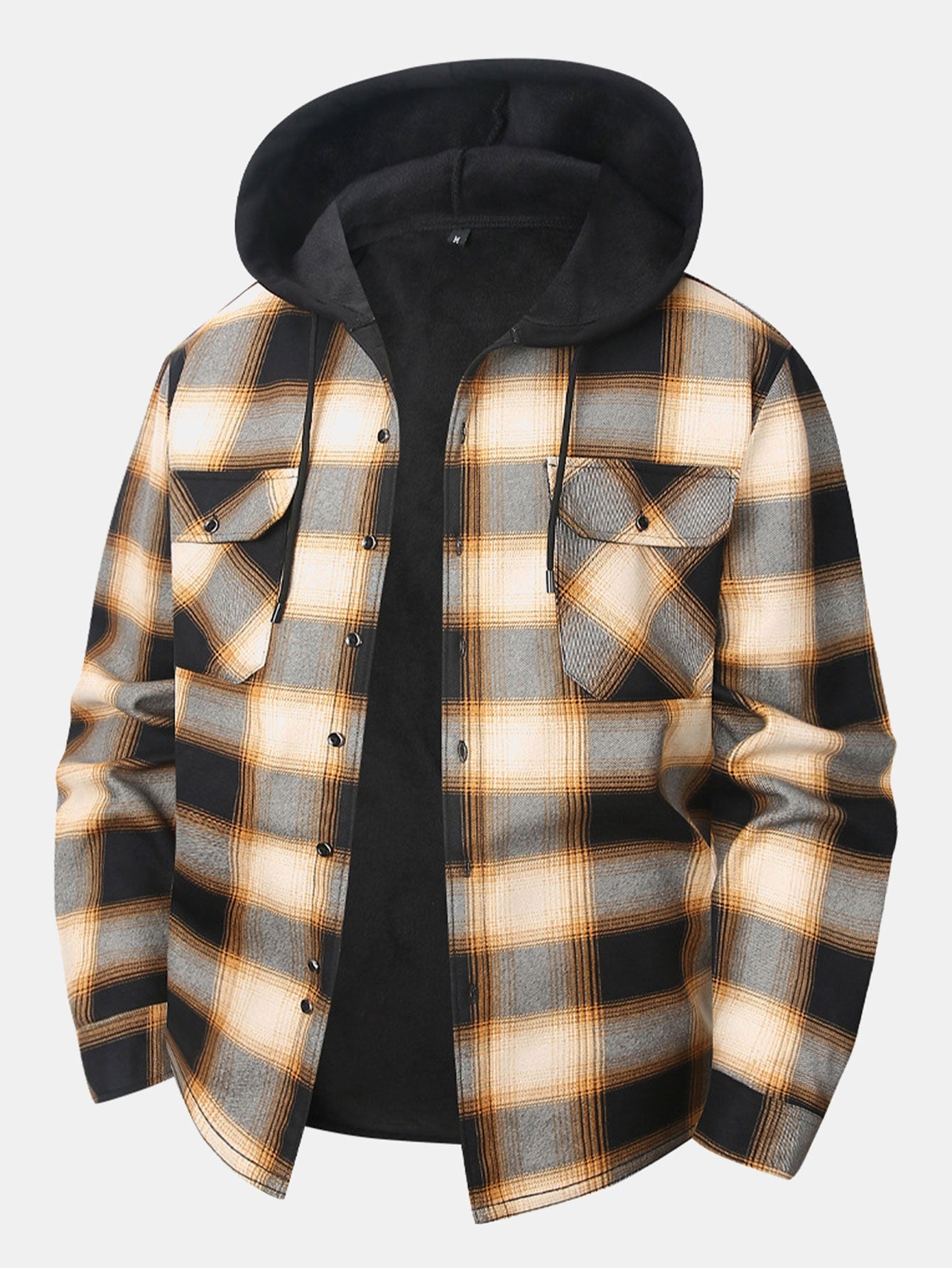 Flannel Fleece Lined Button Up Hooded Shirt