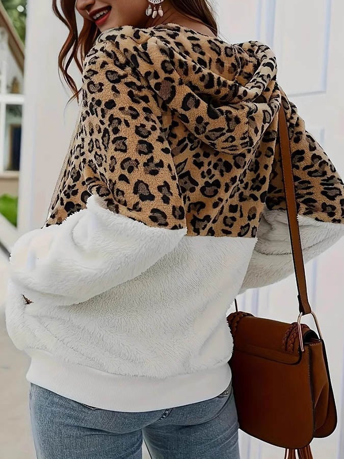 Women'S Casual Leopard Print Coral Fleece Jacket