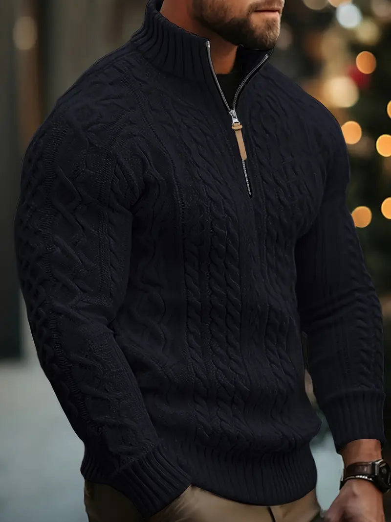 Men’s Knitted Half-Zip Sweater with Stand-Up Collar