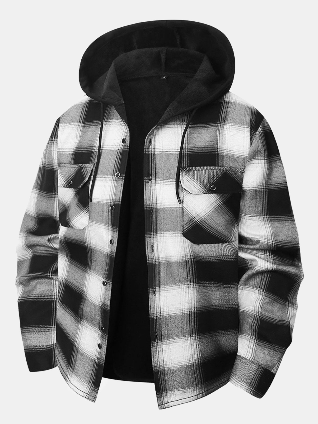 Flannel Fleece Lined Button Up Hooded Shirt