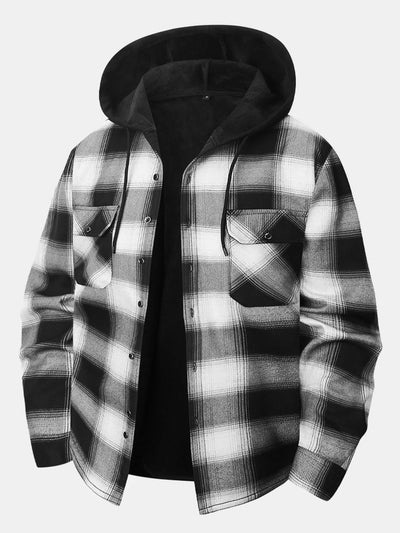 Flannel Fleece Lined Button Up Hooded Shirt