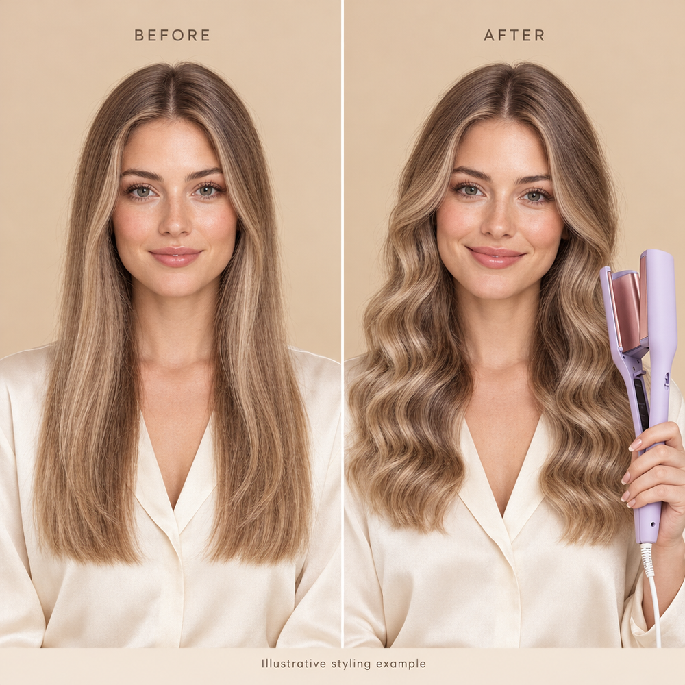 Before-and-aftervoorbeeld met de lila haarstyler