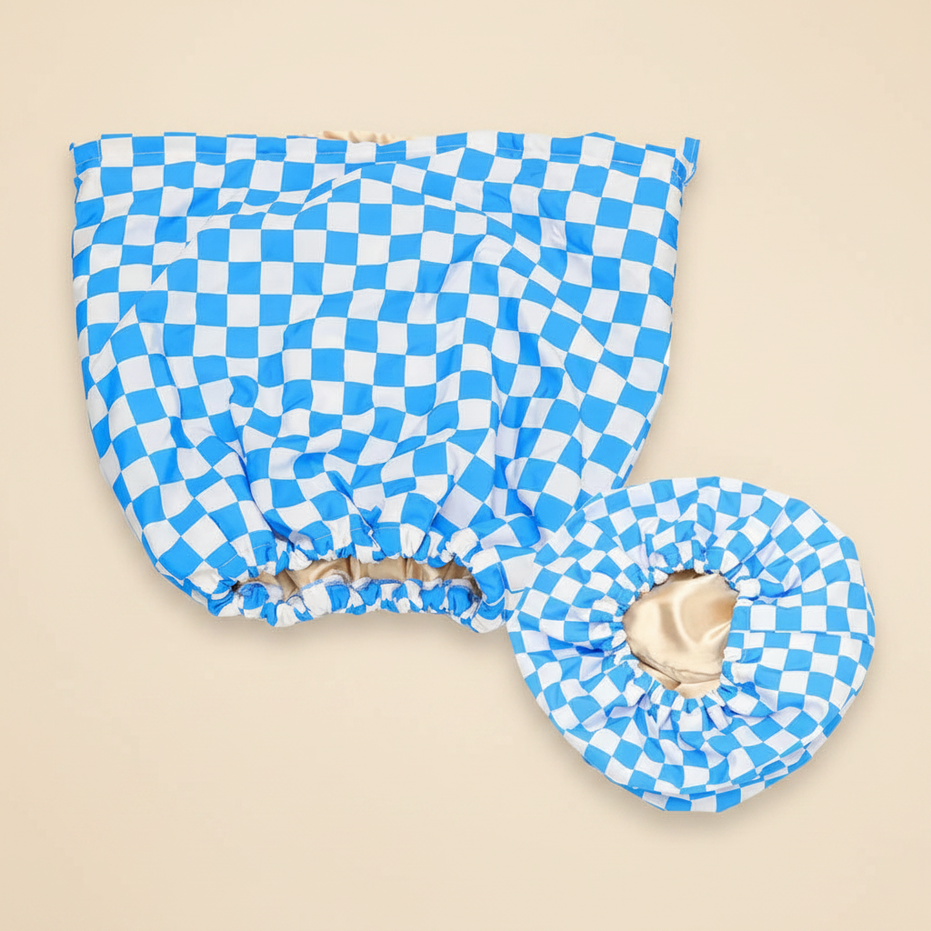 Blauwe douchemuts beige
