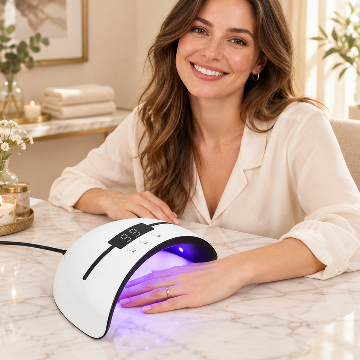 Blije vrouw met de nagellamp