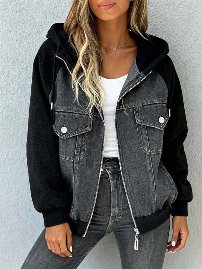 Women'S Casual Contrast Color Stitching Hooded Zipper Cardigan Jacket