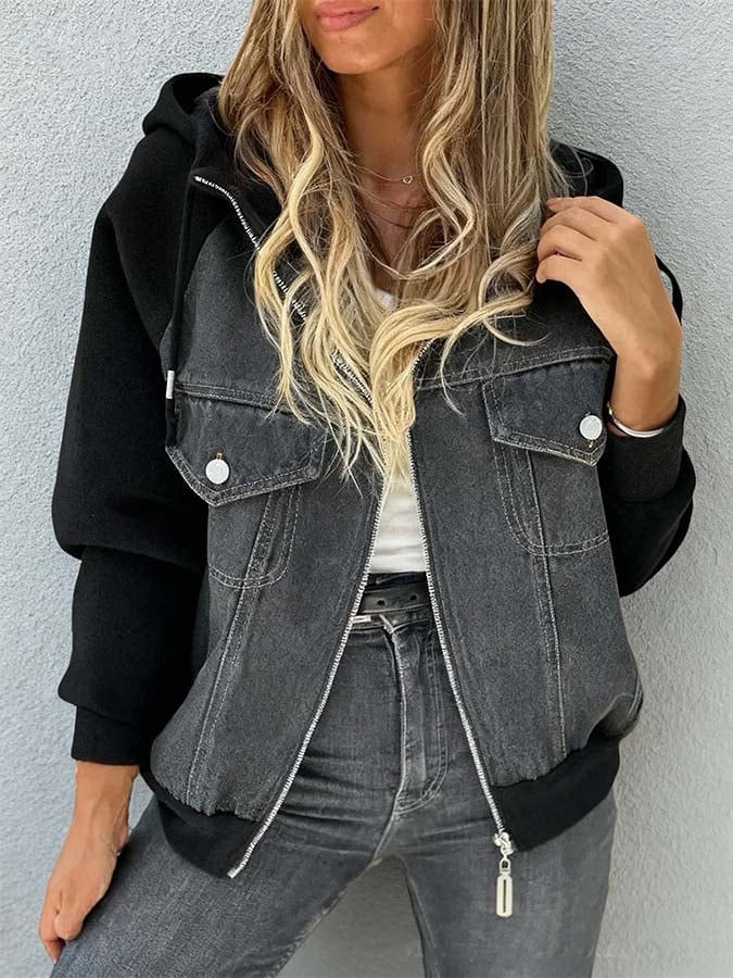 Women'S Casual Contrast Color Stitching Hooded Zipper Cardigan Jacket