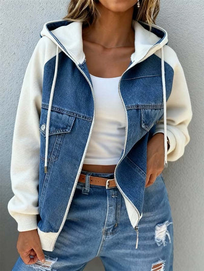 Women'S Casual Contrast Color Stitching Hooded Zipper Cardigan Jacket