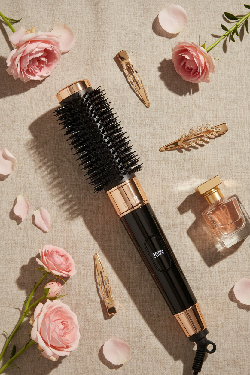 ContourGloss Smoothing Hair Brush flat lay with beauty accessories