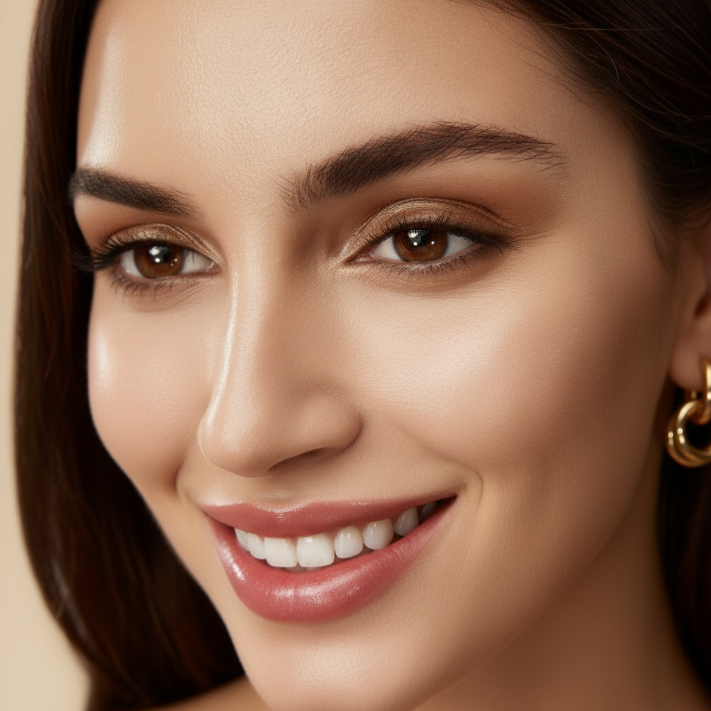Model lachend warm beige