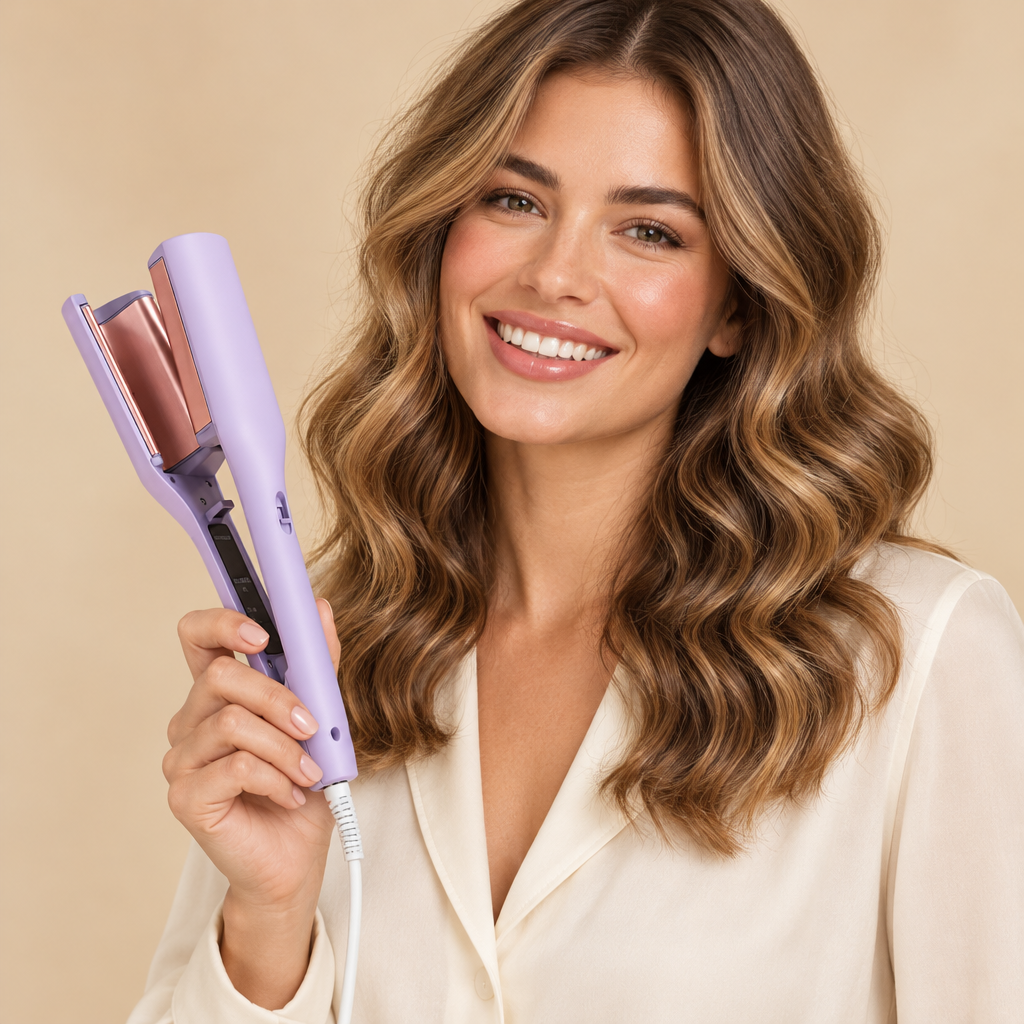 Vrolijke vrouw met de lila haarstyler